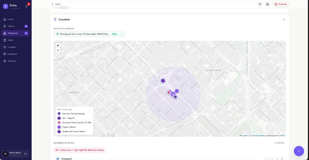 Location intelligence view with map, nearby places, and points of interest
