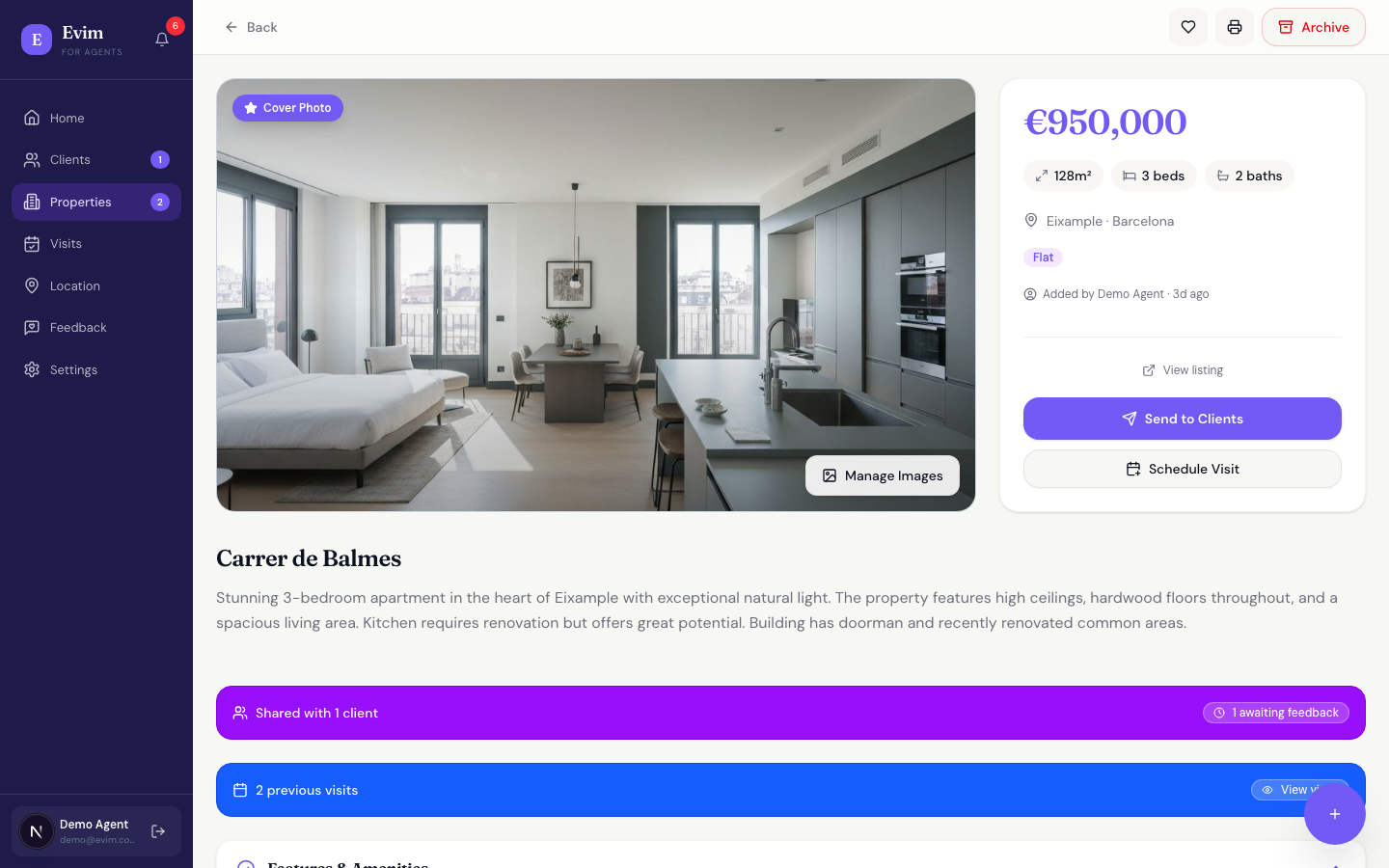 Property detail page with photos, price, and enriched data