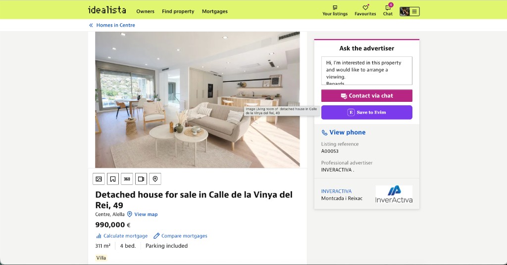 Chrome extension Save to Evim button on an Idealista property listing